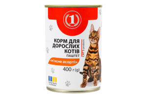 Корм консервированный для взрослых котов Мясное ассорти Паштет ТМ "1" ж/б 400г