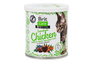 Лакомство для взрослых котов с суперфруктами без содержания злаков Курица, облепиха, черника Brit ж/б 100г