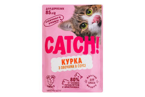 Корм влажный полнорационный для взрослых котов с курицей и овощами в соусе Catch! д/п 85г
