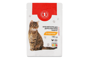 Корм консервированный полнорационный паштет для взрослых котов С курицей ТМ "1" д/п 100г