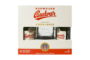 Набір Пиво 4х0.5л 5% світле фільтроване пастеризоване + келих 0.5л Budweiser Budvar к/у 1шт