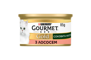 Корм консервированный полнорационный для взрослых котов с лососем Сочное наслаждение Gold Gourmet ж/б 85г