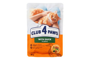 Корм консервований повнораціонний для дорослих котів З качкою в соусі Premium Club 4 Paws д/п 85г