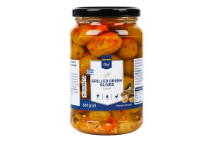 Оливки зеленые без косточек обжаренные на гриле в маринаде с овощами и пряностями пастеризованные Metro Chef с/б 320г
