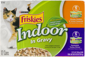 Purina Friskies Indoor In Gravy Chunky Chicken & Turkey Casserole and Homestyle Turkey Dinner Cat Food - 12 CT