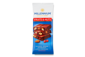 Шоколад Fruits&Nuts молочний з мигдалем журавлиною та родзинками 90г Millennium