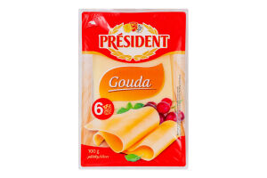 Сир 47% твердий скибками Гауда President лоток 100г