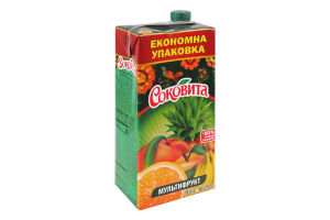 Напиток соковый пастеризованный с сахаром и подсластителем экстрактом листьев стевии мультифруктовый Соковита т/п 1.93л