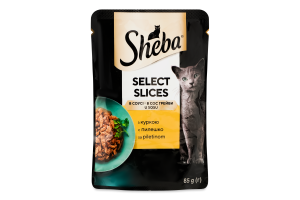 Корм консервований повнораціонний для дорослих котів з куркою в соусі Відбірні шматочки Sheba д/п 85г
