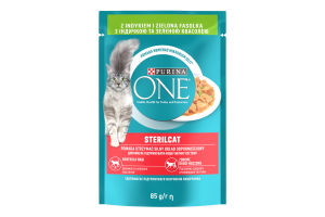 Корм консервированный для стерилизованных котов с индейкой и зеленой фасолью Кусочки в соусе Purina One д/п 85г