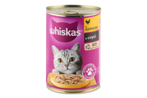 Корм консервований повнораціонний для дорослих котів З куркою в соусі Whiskas з/б 400г