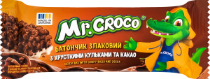 Батончик злаковий з хрусткими кульками та какао частково глазурований кондитерською глазур'ю Mr. Croco м/у 20г