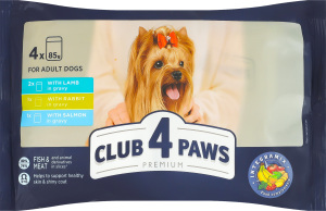 Корм консервований для дорослих собак З ягням + З кроликом + З лососем Premium Club 4 Paws м/у 4x0.085кг