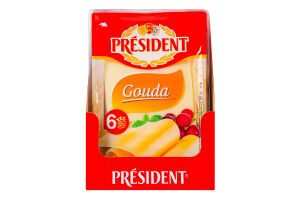 Сир 47% твердий скибками Гауда President лоток 100г