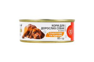 Корм консервированный полнорационный для взрослых собак мясной с индейкой и курицей в соусе ТМ "1" ж/б 85г