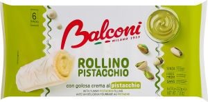 Пирожное бисквитное с фисташковой начинкой и молочной глазурью Rollino al pistacchio Balconi м/у 6x37г
