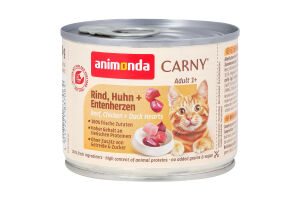 Корм д/котів з яловичиною куркою та качиними серцями 200г ж/б Карні