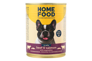 Корм д/дорослих собак з яловичиною лососем та овочами в желе 360г ж/б Home Food
