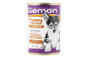 Корм консервированный полнорационный для щенков с кусочками курицы и индейки Gemon ж/б 415г
