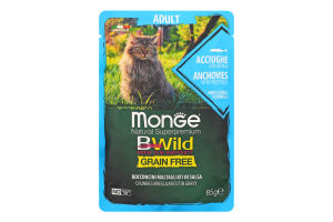 Корм вологий беззерновий для дорослих котів з анчоусами та овочами BWild Natural superpremium Monge д/п 85г