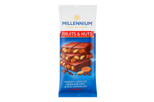 Шоколад Fruits&Nuts молочний з арахісом бісквітом курагою та мигдалем 90г Millennium
