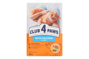 Корм консервований повнораціонний для дорослих котів З лососем у желе Premium Club 4 Paws д/п 85г