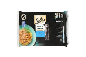 Набор кормов консервированных для взрослых котов с лососем, белой рыбой, треской в соусе Select slices Sheba м/у 4х85г