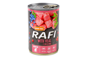 Корм полнорационный для щенков и молодых собак всех пород с телятиной Rafi ж/б 400г