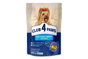 Корм сухой полнорационный для взрослых собак малых и миниатюрных пород С лососем Premium Club 4 Paws д/п 900г