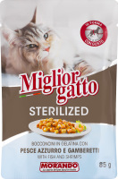 Корм д/стерилізованих котів Migliorgatto беззерновий шматочки риби та креветок в желе 85г пауч Morando