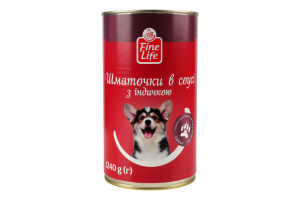 Корм консервований повнораціонний для дорослих собак Шматочки в соусі з індичкою Fine Life з/б 1.24кг