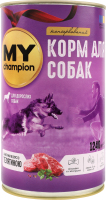 Корм консервированный полнорационный для взрослых собак Кусочки в соусе с телятиной My Champion ж/б 1.24кг