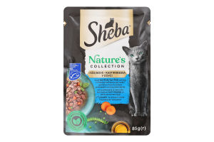 Корм консервований для дорослих котів З тунцем лляною олією й горошком у соусі Nature's Collection Sheba д/п 85г
