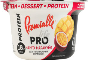 Десерт кисломолочний 10% протеїновий термізований з наповнювачем та підсолоджувачем Манго-маракуя Premialle ст 160г