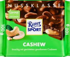 Шоколад молочний зі смаженими підсоленими шматочками горіхів кеш'ю Ritter Sport м/у 100г