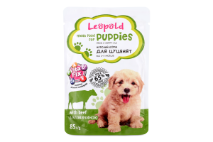 Корм консервированный мясной для щенков С говядиной Leopold д/п 85г
