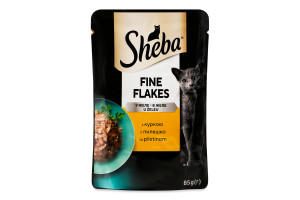 Корм консервированный полнорационный для взрослых котов с курицей в желе Нежные кусочки Sheba д/п 85г