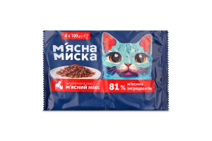 Корм д/котів М'ясний мікс шматочки в соусі 4*100г пауч М'ясна миска