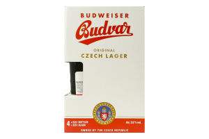 Набір Пиво 4х0.5л 5% світле фільтроване пастеризоване + келих 0.5л Budweiser Budvar к/у 1шт