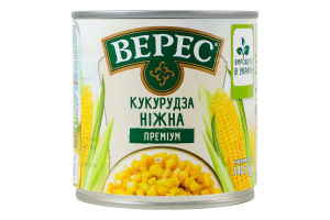 Кукуруза сахарная из целых зерен консервированная вакуумированная стерилизованная Нежная Премиум Верес ж/б 340г