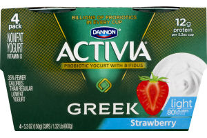 Dannon Activia Probiotic Nonfat Light Greek Yogurt with Bifidus Strawberry - 4 PK