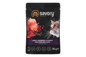 Корм д/стерилізованих котів шматочки з ягням та журавлиною в соусі 85г пауч Сейворі