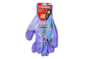 Рукавиці садові фіолетові поліестр з зеленим латексним покриттям р.S/М Haisser