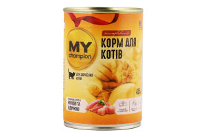 Корм д/котів Шматочки з куркою та індичкою в желе 415г ж/б My Champion