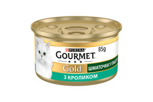 Корм консервований повнораціонний для дорослих котів з кроликом Шматочки у паштеті Gold Gourmet з/б 85г