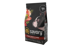 Корм сухой полнорационный для собак Свежая индейка&Ягнятина Savory м/у 3кг