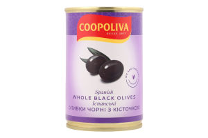 Оливки чорні з кісточкою іспанські Coopoliva з/б 300г