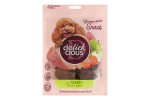 Корм дополнительный для собак С индейкой, морковью и яблоком Сушеные снеки Delickcious д/п 80г