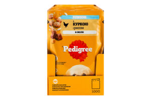 Корм консервований повнораціонний для цуценят З куркою та рисом в желе Junior Pedigree д/п 100г