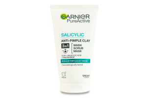 Гель для умывания скраб и маска для лица с глиной 3в1 Garnier PureActive 150мл